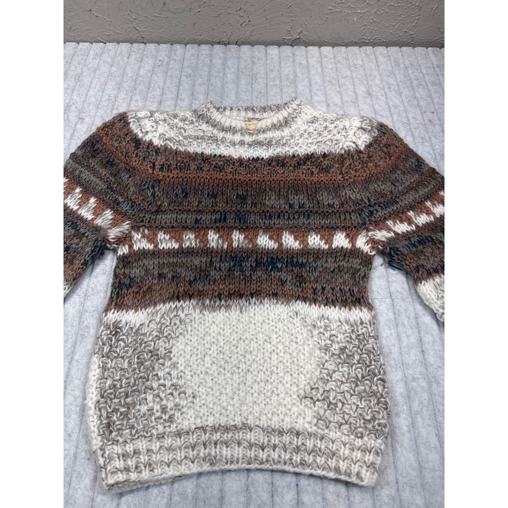 Lauren Hansen Vintage Hand Knitted Chunky Fair Isle Sweater Brown Cream Small